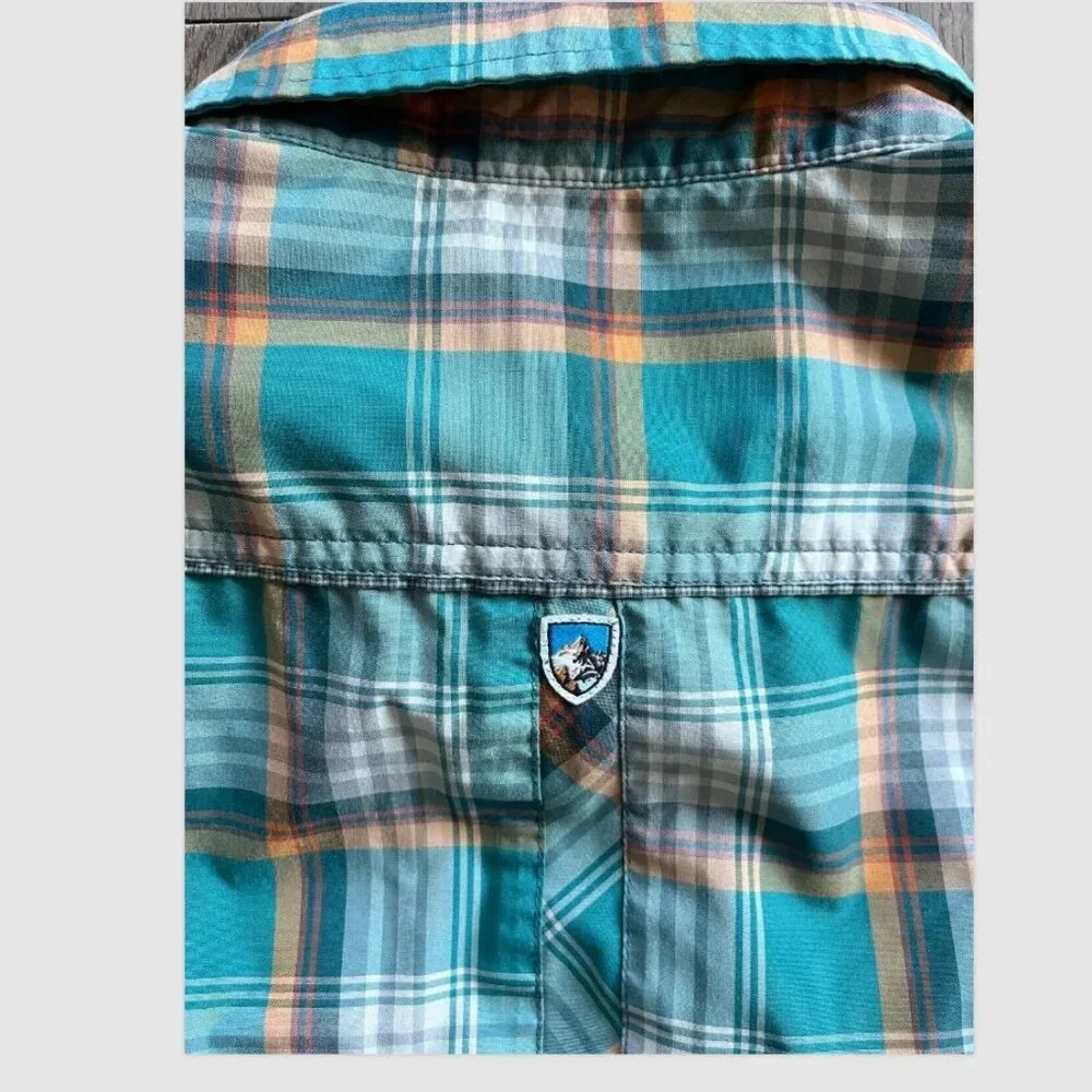 Kuhl Eluxor Short Sleeve Pearl Snap Shirt Size M Green Orange Plaid Activewear